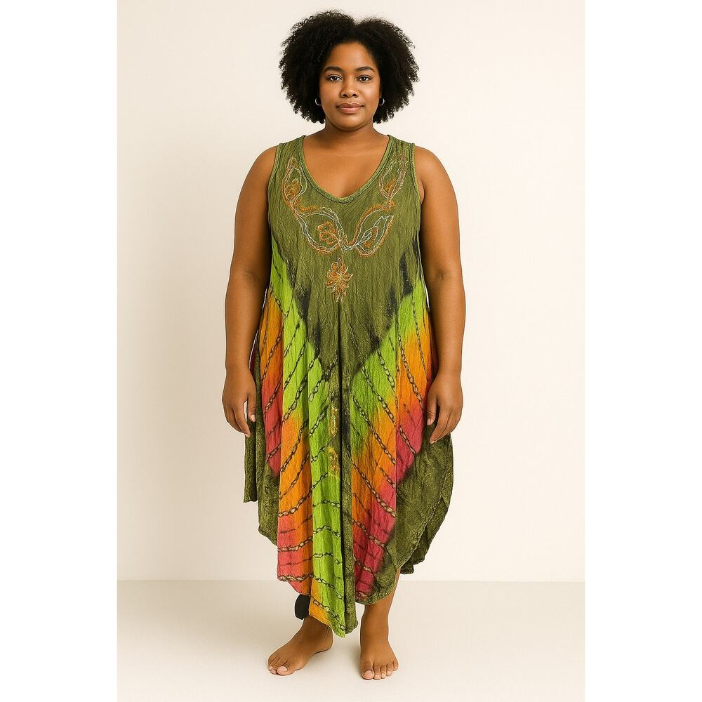 Jessica Taylor Tie Dye Boho Sleeveless Dress Green Multicolor Embroidered OS